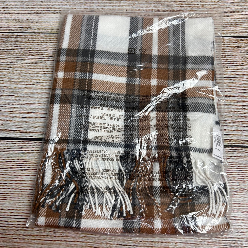 Old Navy Flannel Scarf Cream Brown Gray Plaid Fringe 703068-03-2-0000 NEW